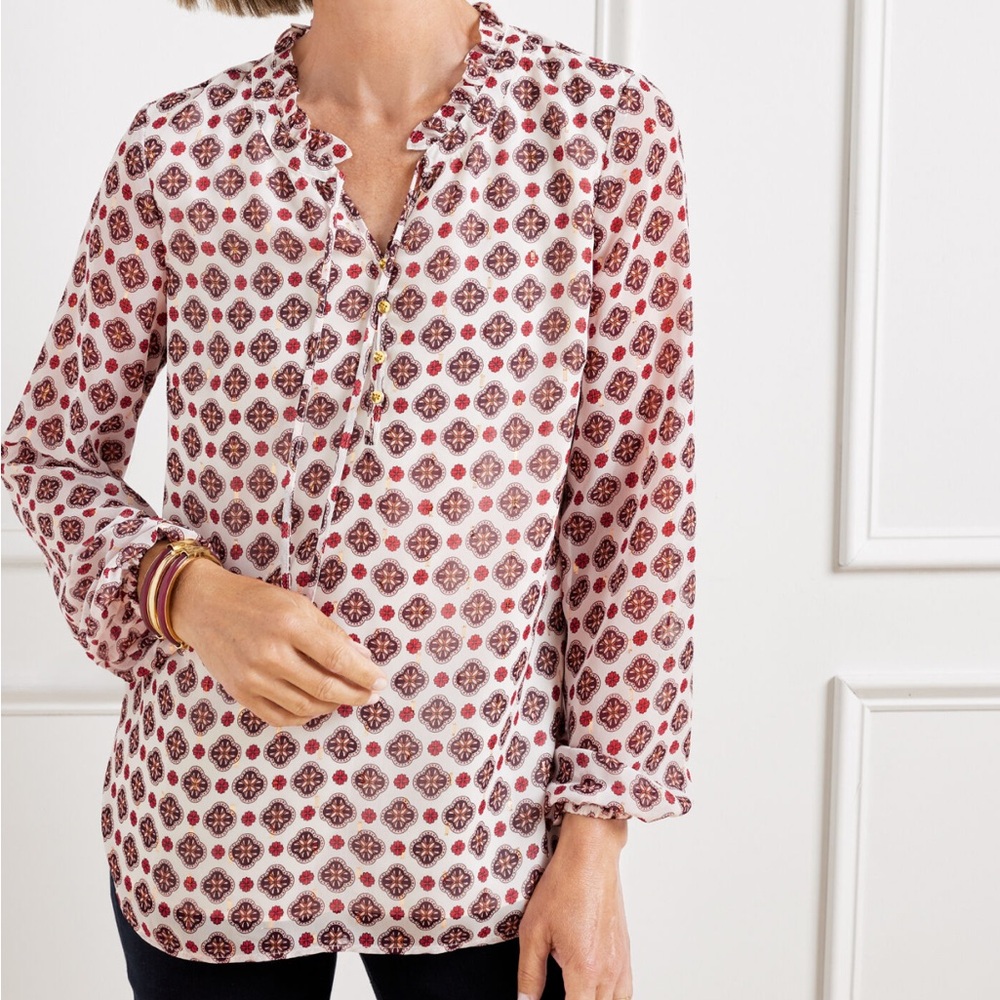 Talbots boho white gold metallic Damask Print ruffled v-neck Blouse top size 3X